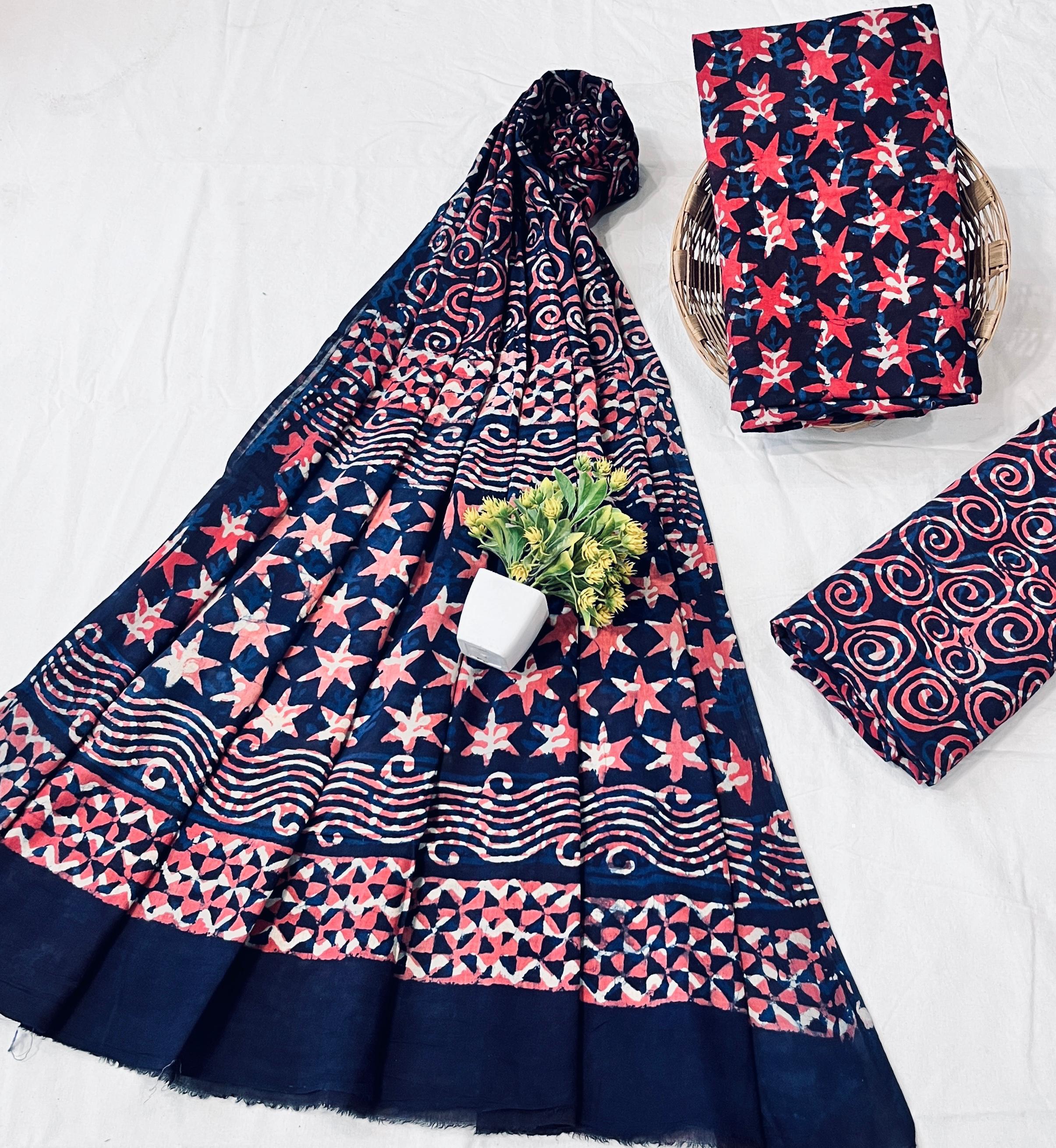 Wholesale Handblock Printed Cotton Mul Dress Material Set with Mul Dupatta – Navy Color, Artisan-Crafted in Rajasthan for Designers, Boutiques, and Bulk Orders